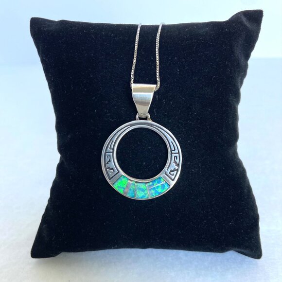 VTG Sterling Silver 925 Navajo Opal Inlay Southwest Style Pendant Necklace 18" - Picture 6 of 16